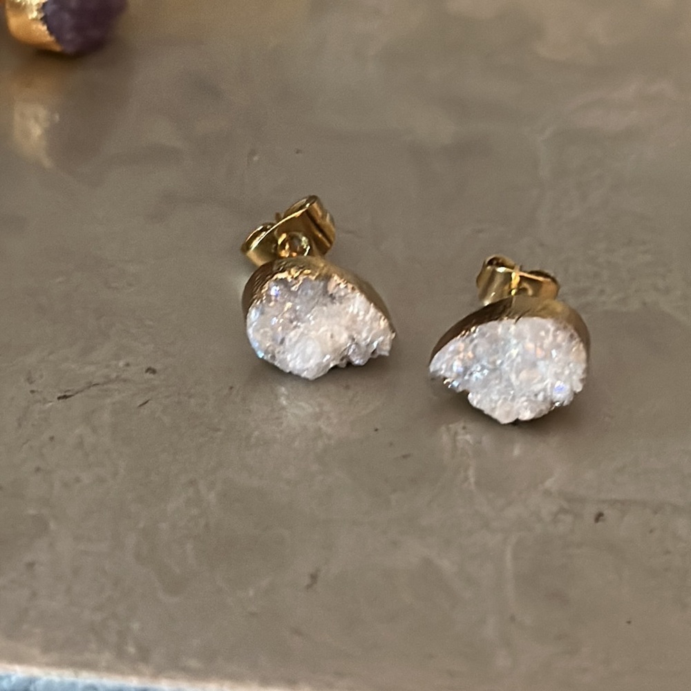 pierced earrings druzy gold plate small 1/4” teardrop shape dimensional posts